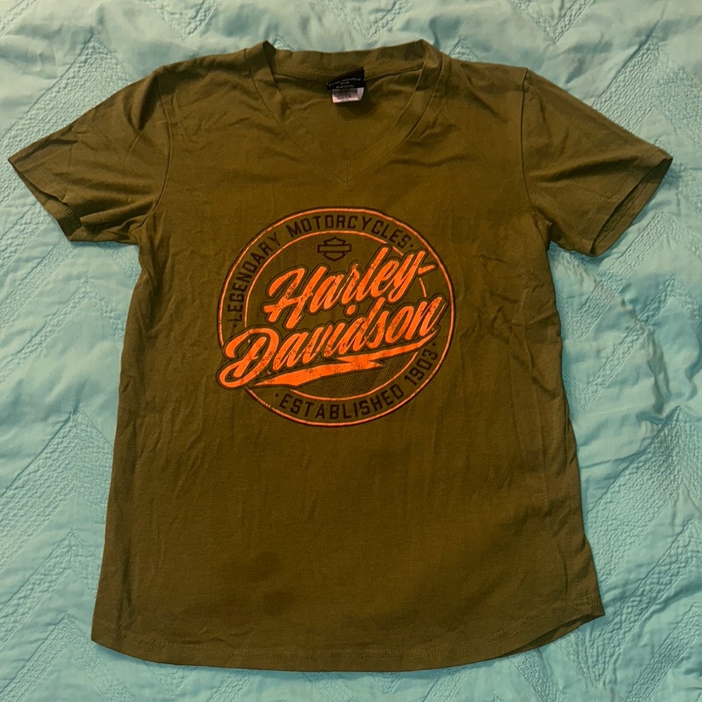 Harley-Davidson Green T-Shirt with Orange Logo